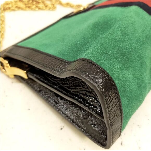 Auth Vintage Gucci Green Suede Web Sherry Line Ophidia Clutch Chainlink Shoulder - Picture 6 of 9